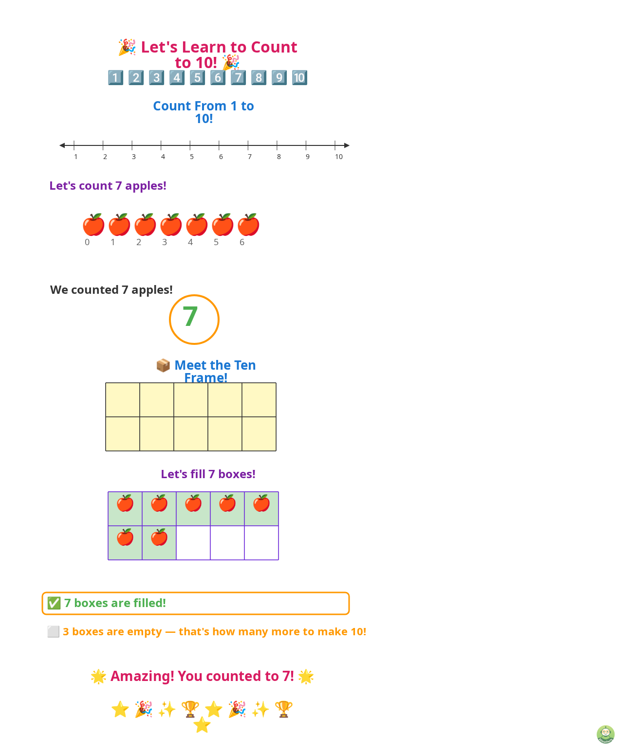 Full interactive counting to 10 lesson overview on AI Teacherly showing ten frames, counting exercises, and colorful visual manipulatives
