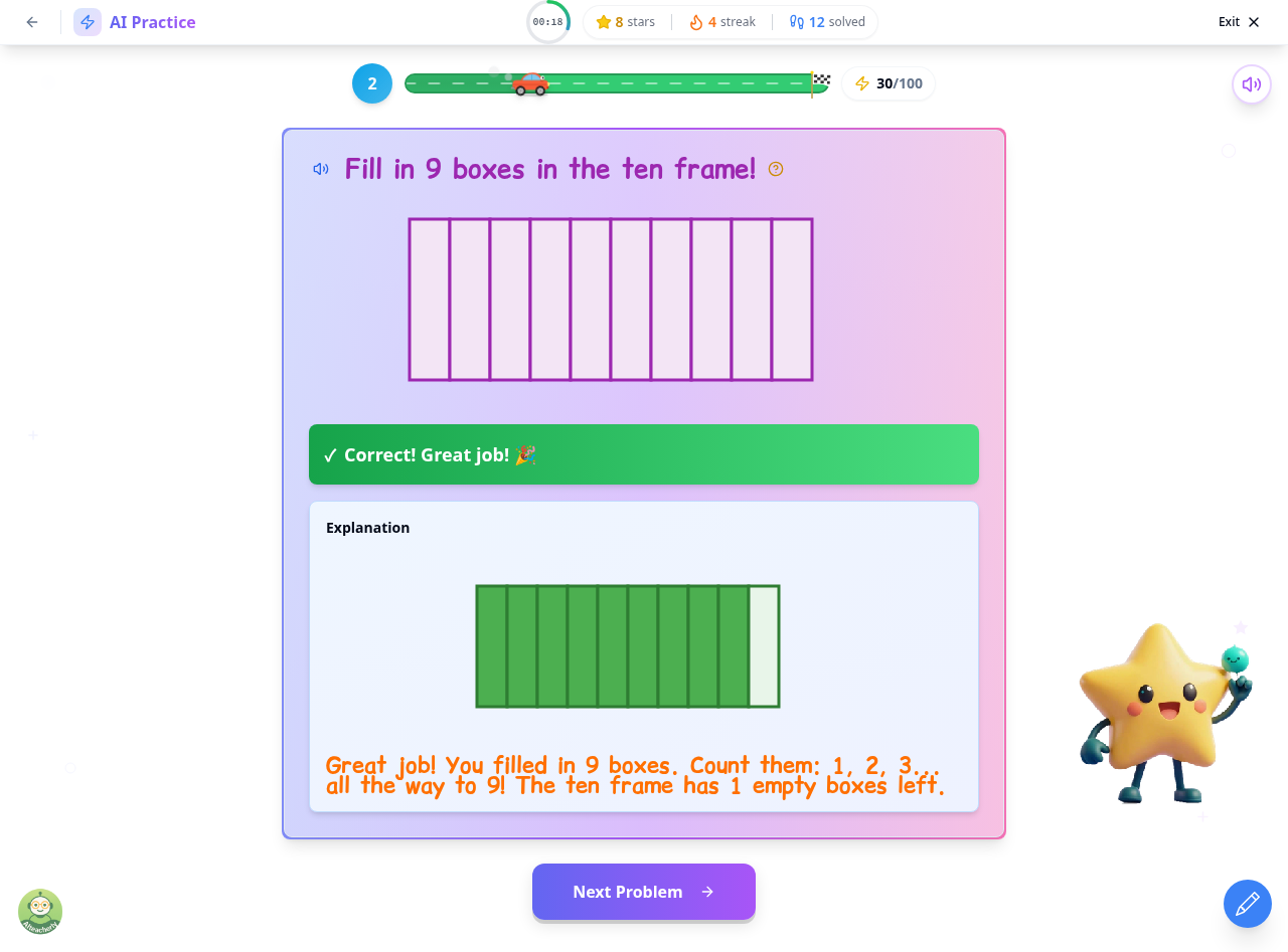 Interactive selection problem where children fill boxes in a ten frame to practice counting, demonstrating hands-on learning