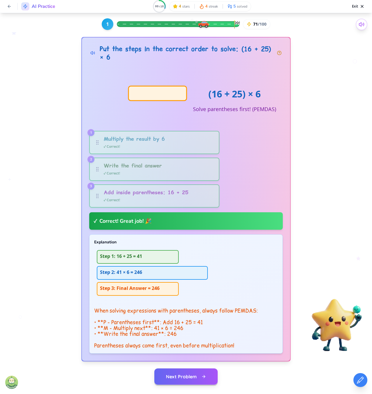 Interactive ordering problem showing step-by-step PEMDAS sequence