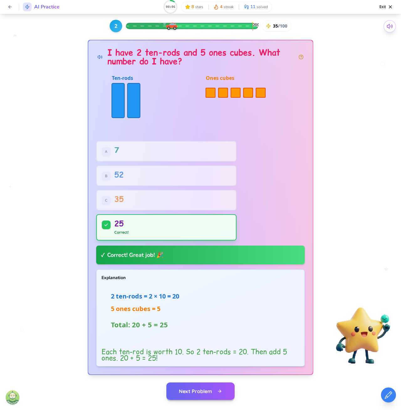 Multiple choice place value problem showing colorful base-ten blocks