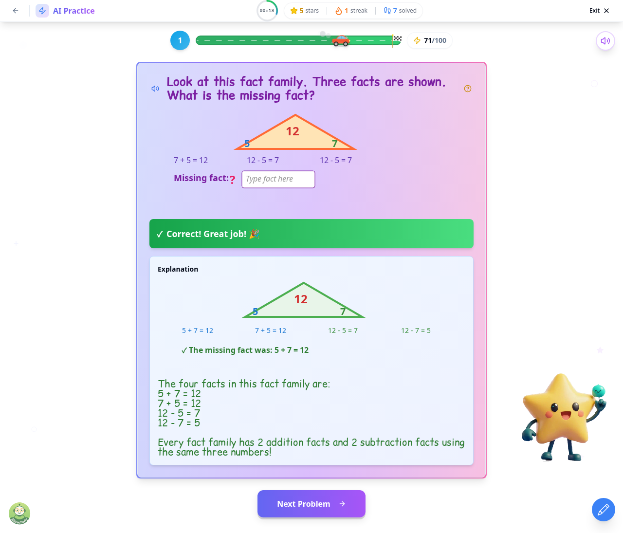 Interactive fill-in-the-blank problem showing the complete fact family structure with a missing piece to solve