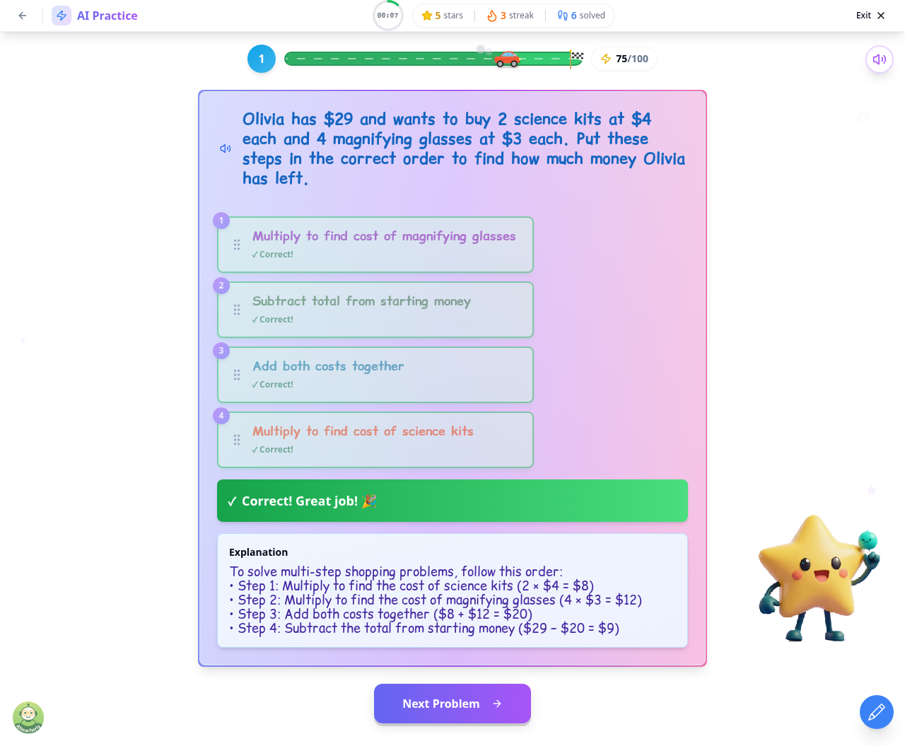 Interactive ordering problem where students arrange mathematical operations in the correct sequence to solve a multi-step word problem
