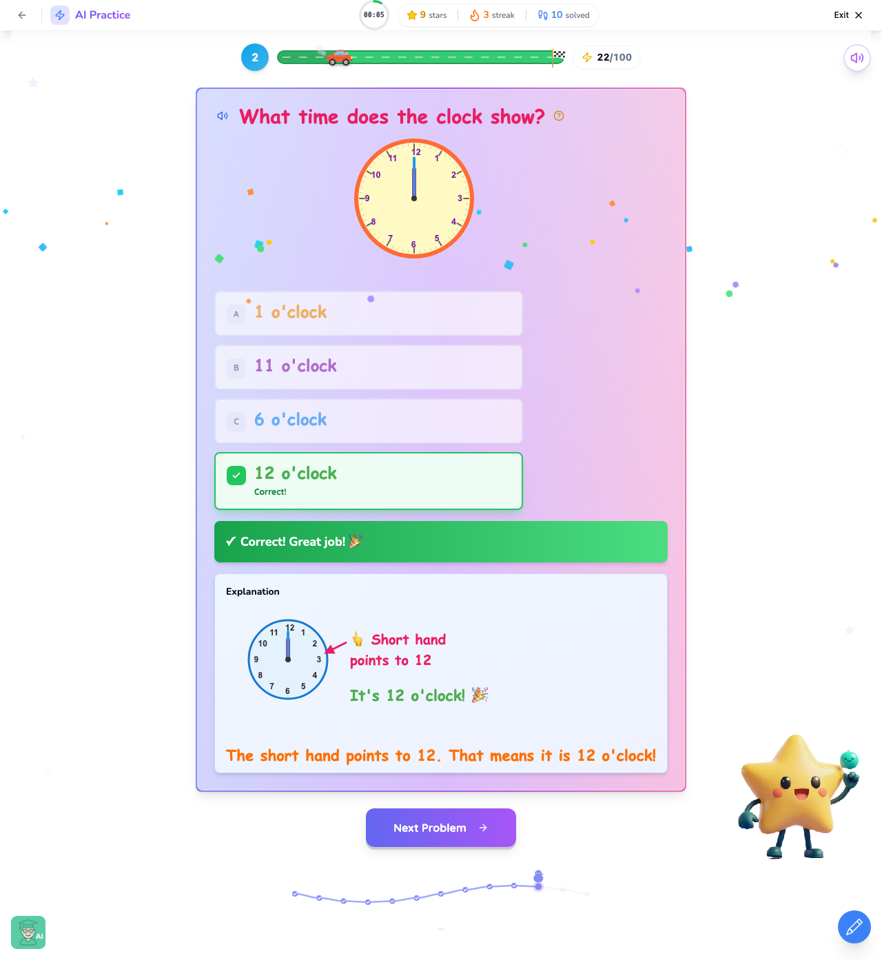 Clock showing time to the hour with minute hand on 12