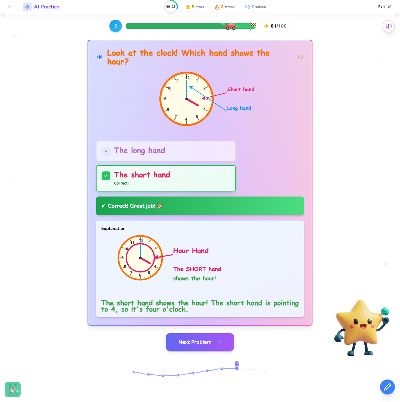 Interactive clock lesson showing hour and minute hands